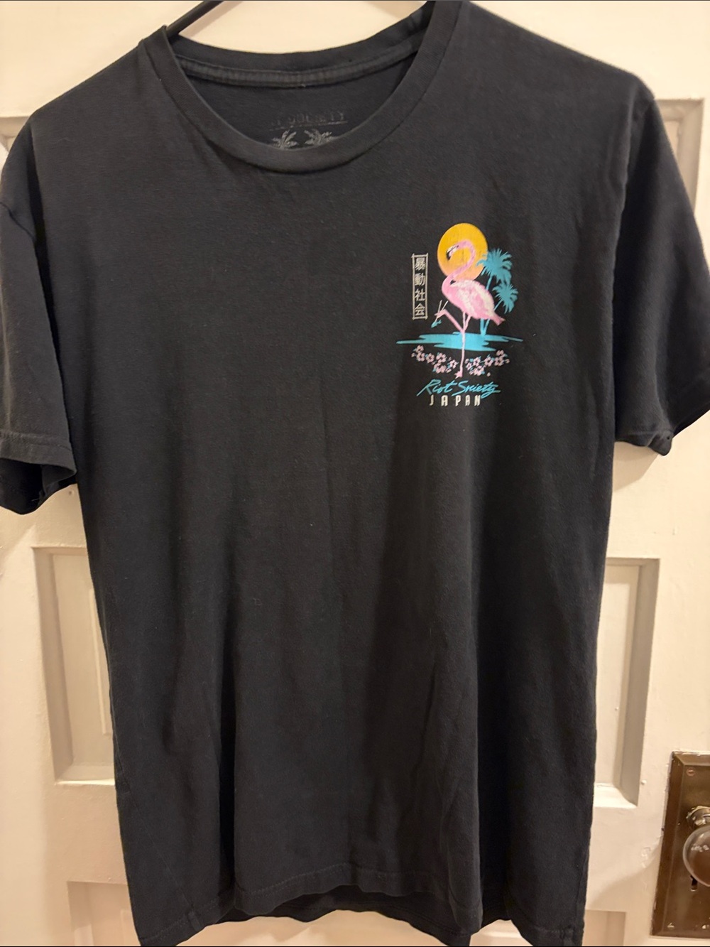 VTG Riot Society Black Flamingo Graphic Tee with Neon Accents
